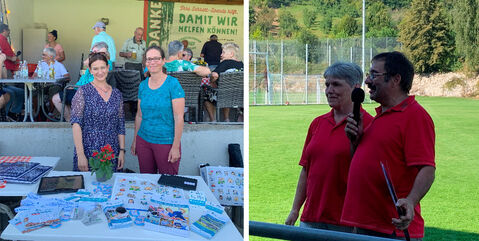 Bilder v.l.: Ramona Biller und Cornelia Fischer, Leitungsteam der "Unterstützten Kommunikation" an der Wilhelm-Bläsig-Klinikschule im Hegau-Jugendwerk, freuen sich über die wiederholte und große Unterstützung von Manuela und Gottfried Feiß auf dem Spenden-Fest in Bodman-Ludwigshafen.